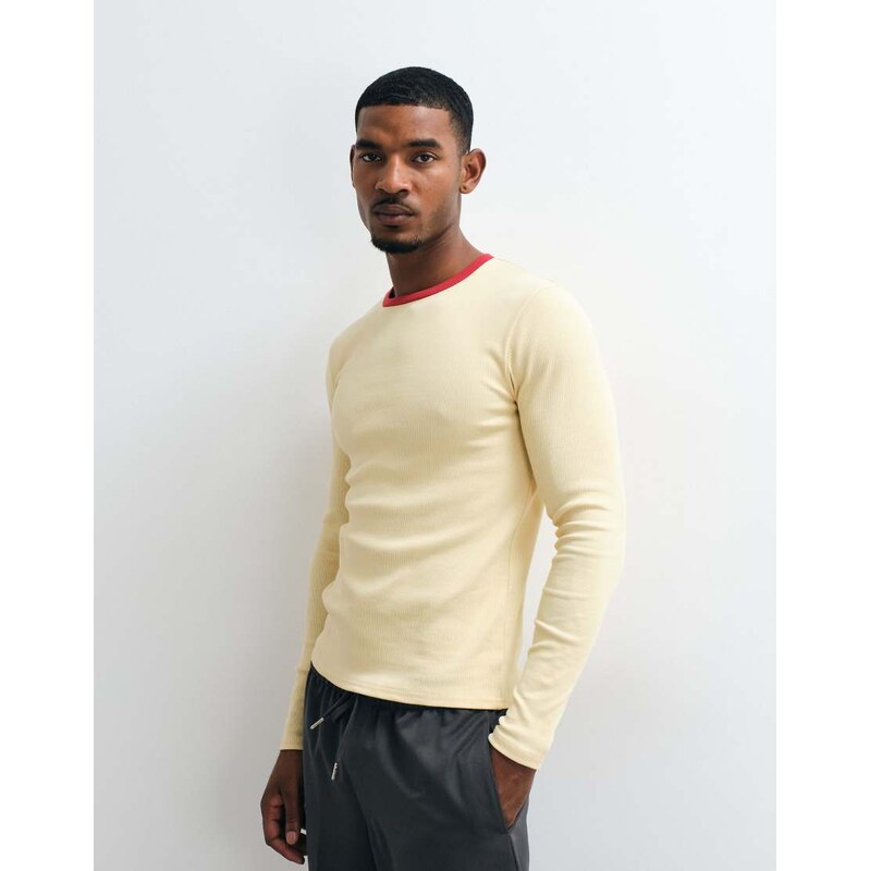 ASOS DESIGN muscle fit long sleeve ringer t-shirt in yellow and