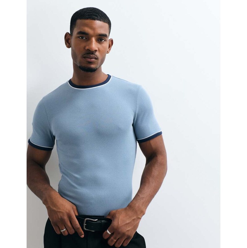 ASOS DESIGN muscle fit ringer t-shirt with piping in blue rib