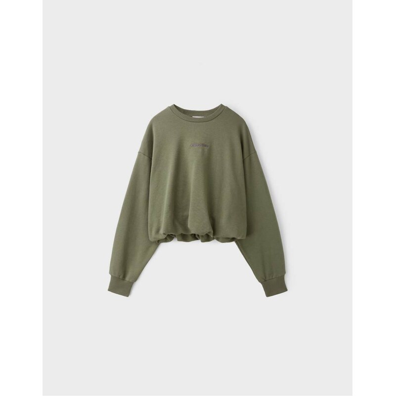 Stradivarius Balloon-hem cropped sweatshirt in khaki-Green