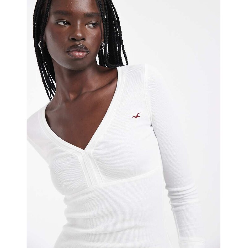 Hollister long sleeve v neck top in white