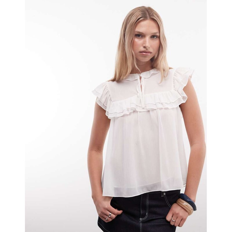 Monki organza ruffle babydoll blouse in ivory-White