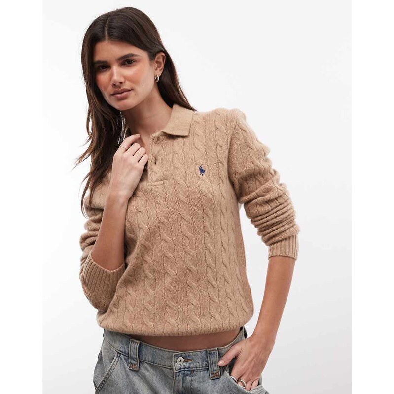 Polo Ralph Lauren icon logo cotton cable knit polo in camel tan