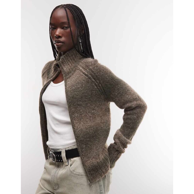 Weekday wool blend hairy knit zip through cardigan in khaki and
