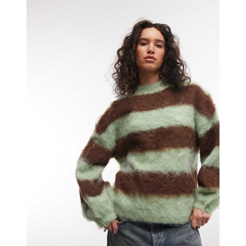 Daisy Street fluffy balloon sleeve jumper in mint and brown