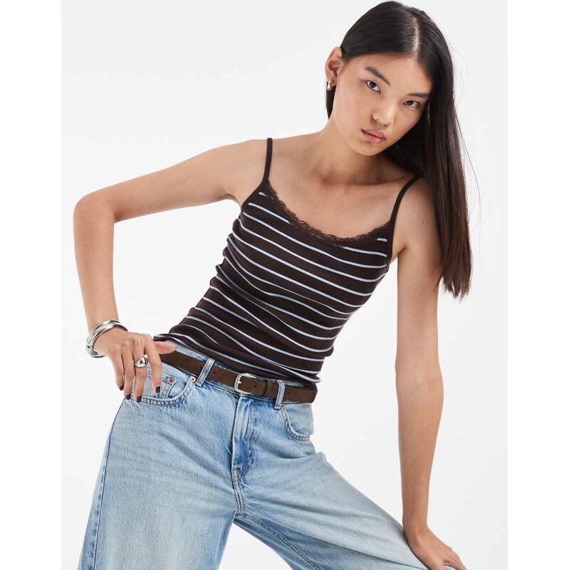 Hollister lace trim cami in blue and brown stripe