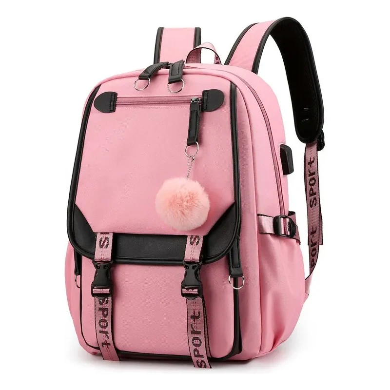 Lifestyle Dívčí teenager školní batoh s USB Růžový s bambulí 19L