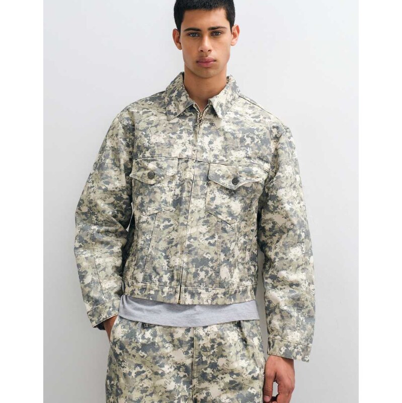Prohibited oversized zip through camo denim jacket co-ord in
