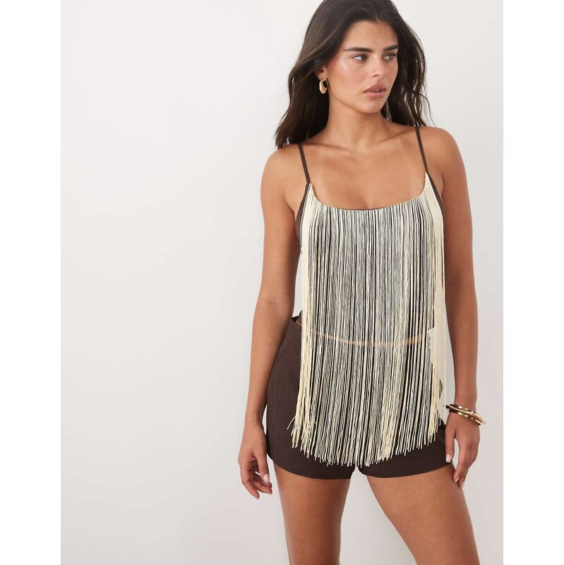 ASOS DESIGN cami top with fringing in brown