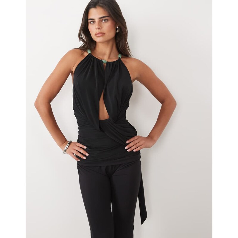 ASOS DESIGN slinky hardware gem detail plunge top in black