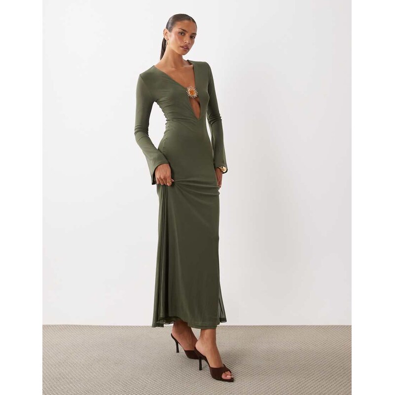 ASOS DESIGN mesh flute sleeve deep plunge maxi dress with gold