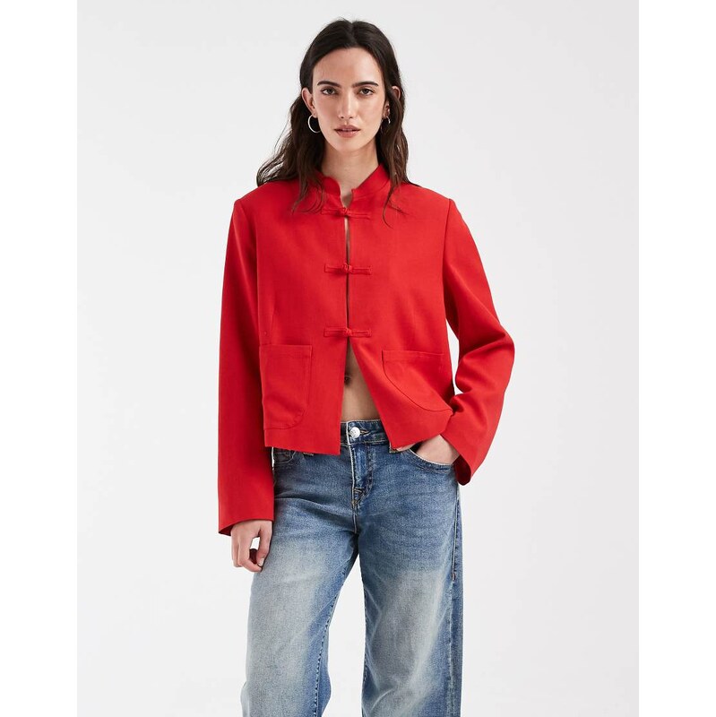 ASOS DESIGN linen blend boxy fit mandarin jacket in red