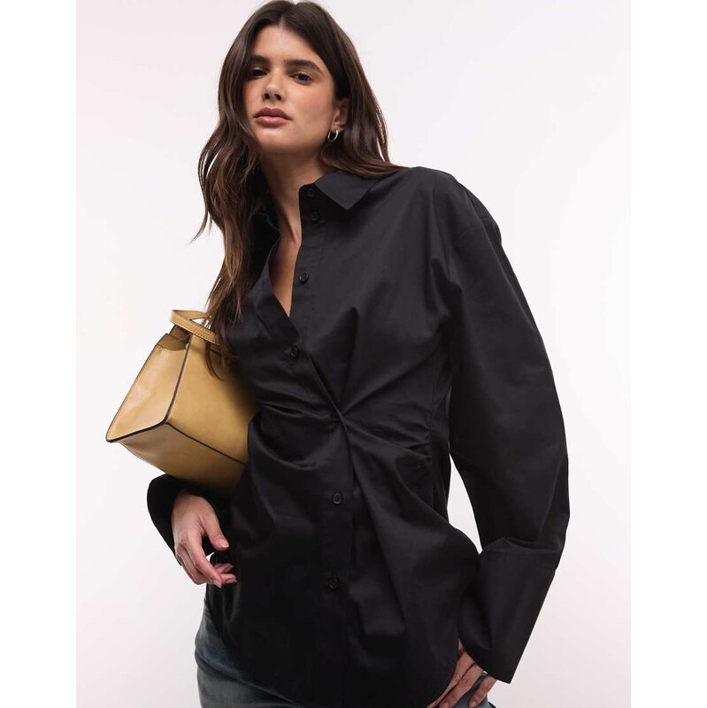 Monki asymmetric gathered shirt in black