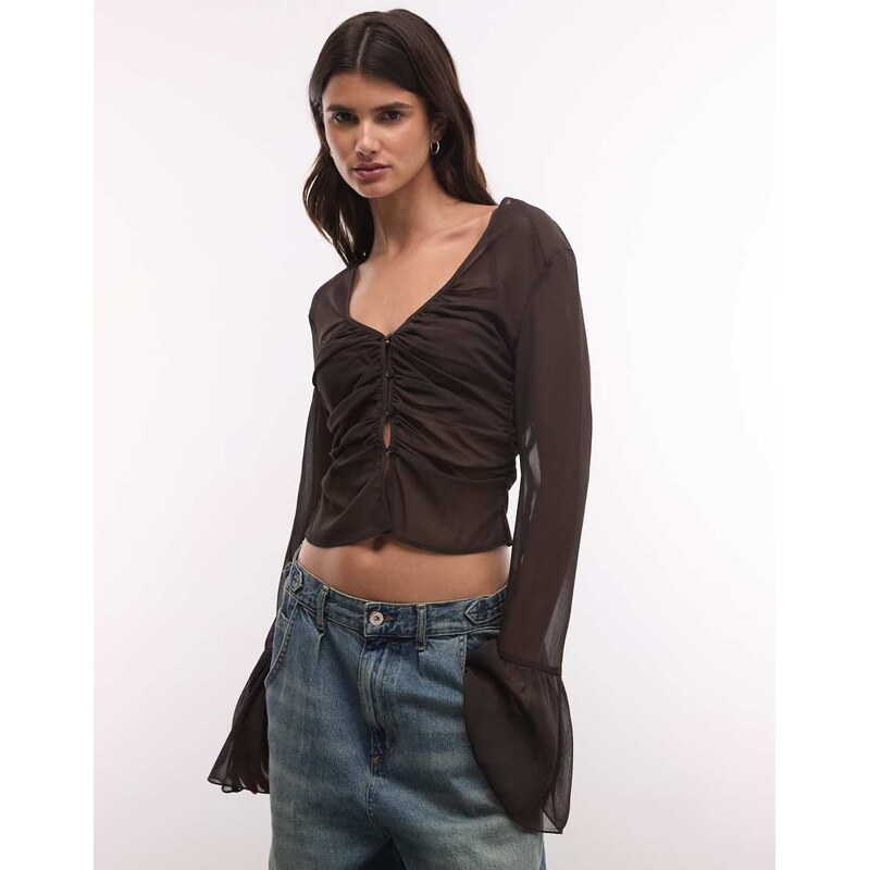 Monki flared sleeve ruched sheer top in dark brown