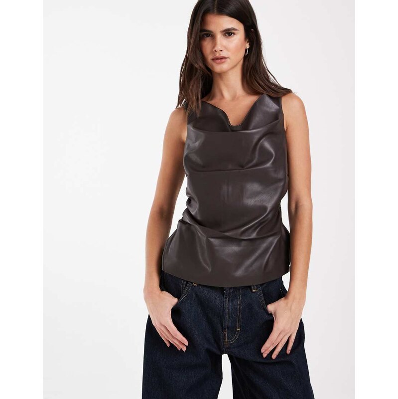 River Island leather look ruched sleeveless top in dark brown
