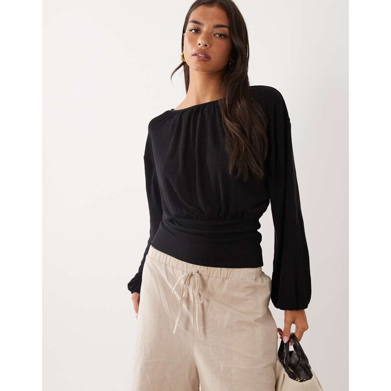 ASOS DESIGN long sleeve top with cinch waist detail in black