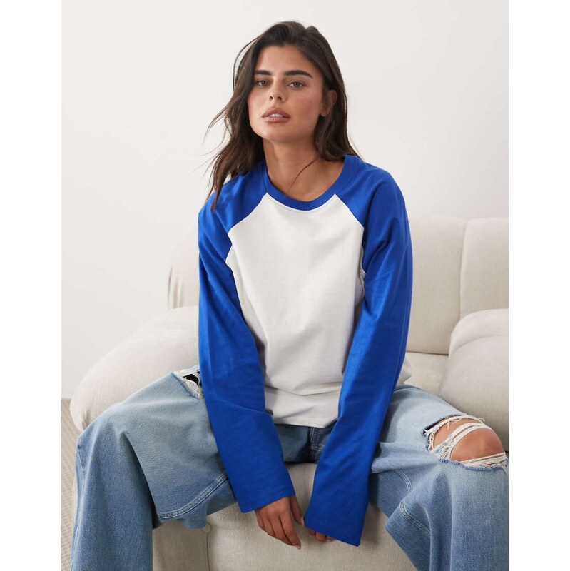 ASOS DESIGN boxy raglan with contrast sleeves in blue and cream