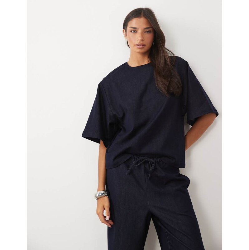 Pretty Lavish denim look boxy long line t-shirt co-ord in indigo