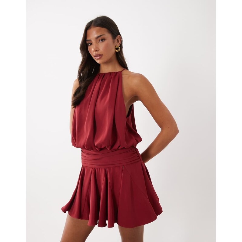 ASOS DESIGN satin high neck drop waist flippy mini dress in