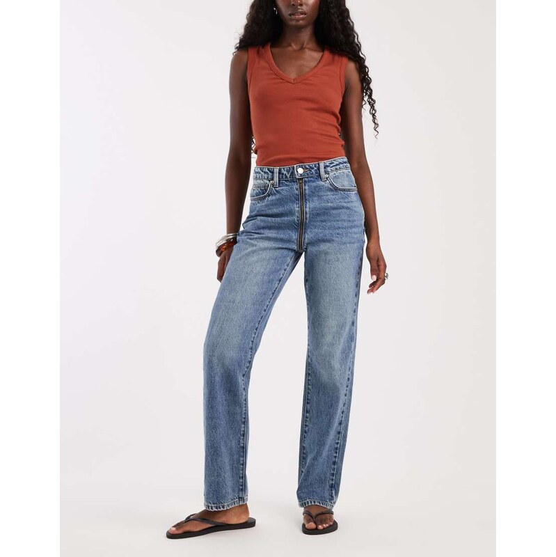 ASOS DESIGN pipe jean with zip detail in midwash blue