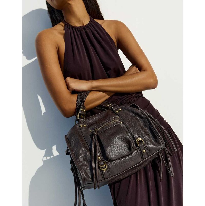Bershka Worn-effect bowling bag with straps in brown