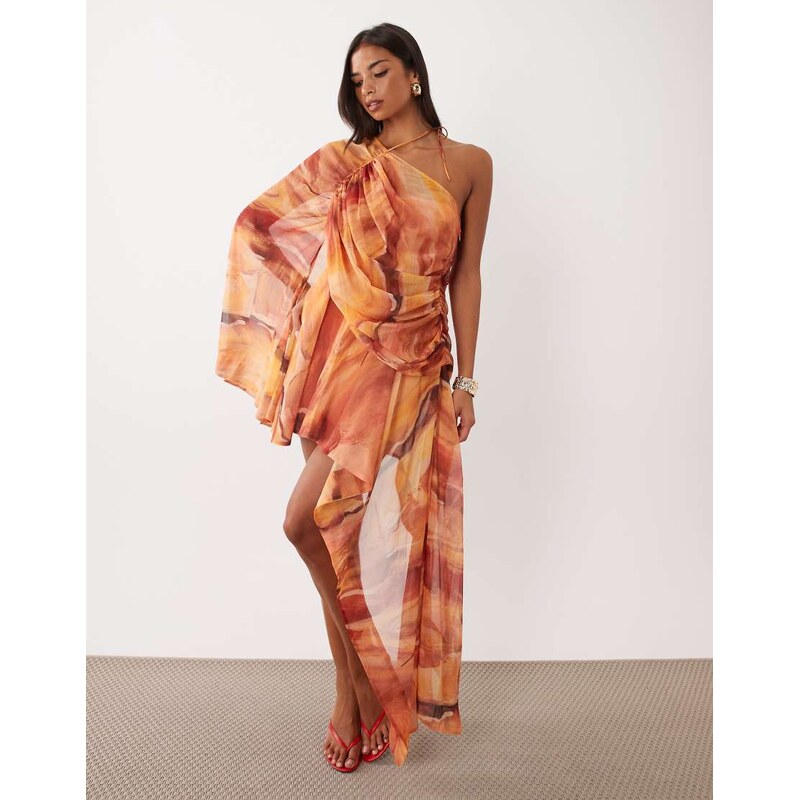 ASOS DESIGN one shoulder asymmetric chiffon mini dress in print