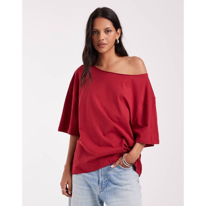 ASOS DESIGN slouchy off shoulder oversized tee in deep red