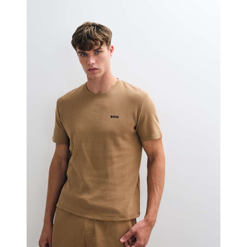 BOSS Bodywear co-ord waffle t-shirt with chest logo in mid beige