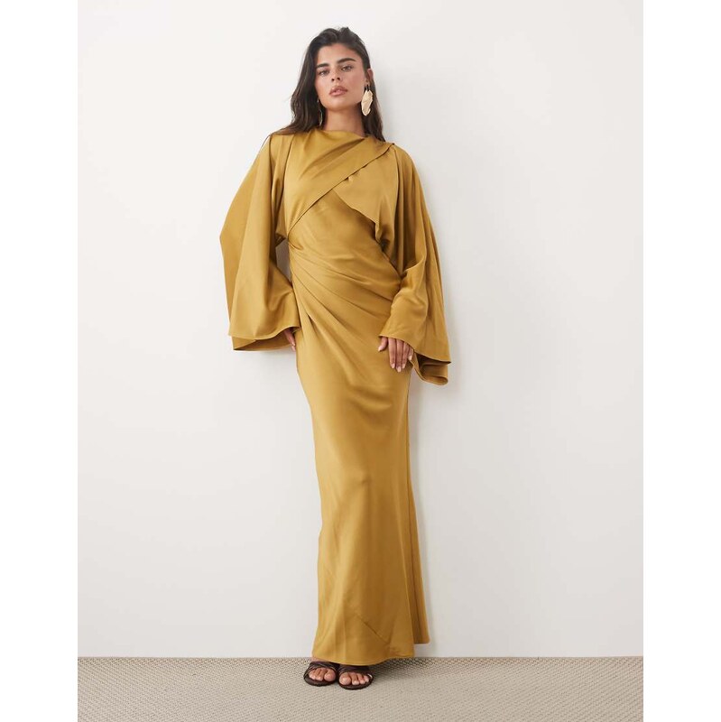 ASOS DESIGN draped long sleeve cross front high neck satin maxi