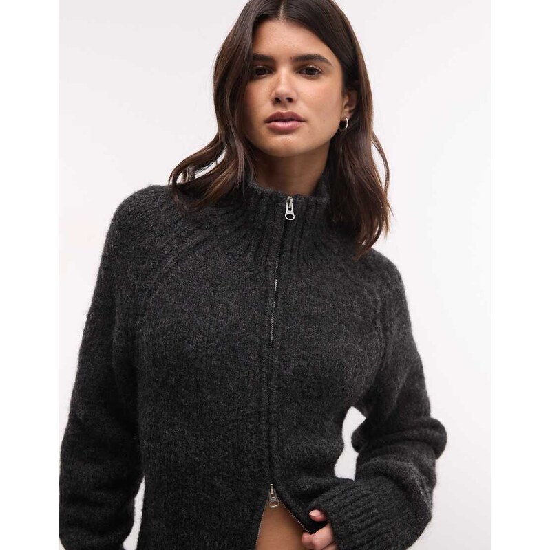 Weekday wool blend hairy knit zip through cardigan in off-black