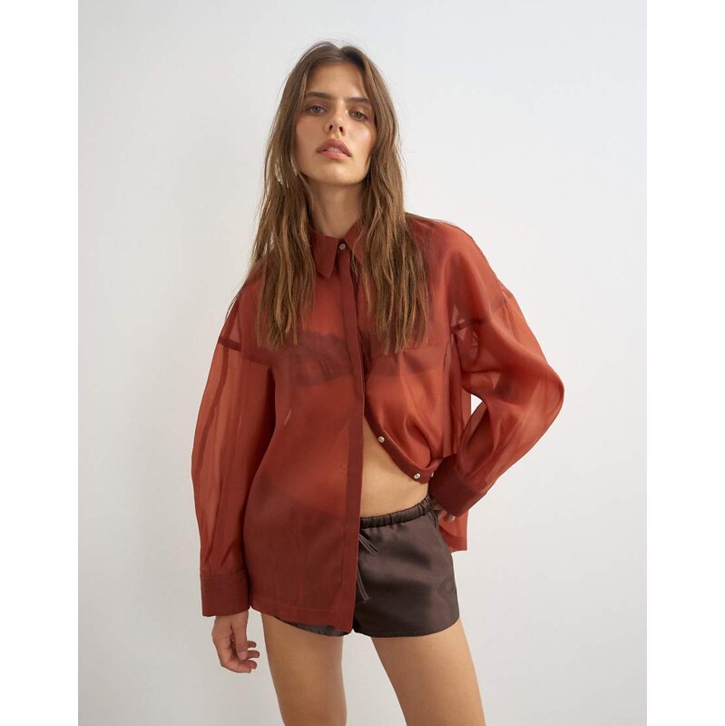 Topshop co-ord organza shirt in rust-Red