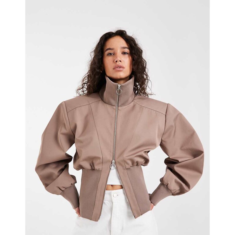 ASOS DESIGN deep rib cinch zip through jacket in tan-Brown