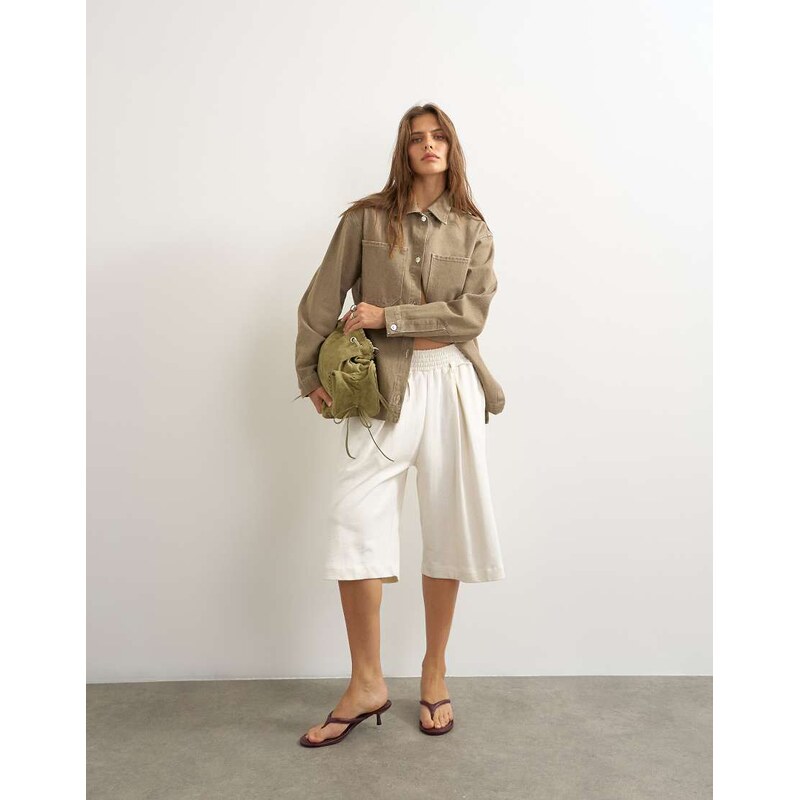 Topshop denim shacket in beige-Neutral