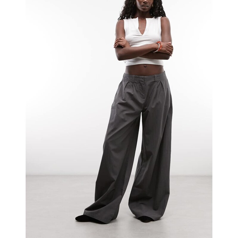 Weekday super wide leg pleated trousers in dark grey