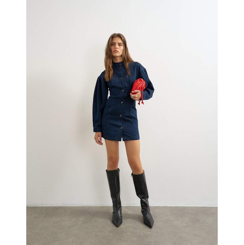 Topshop Balloon sleeve mock neck mini dress in blue black