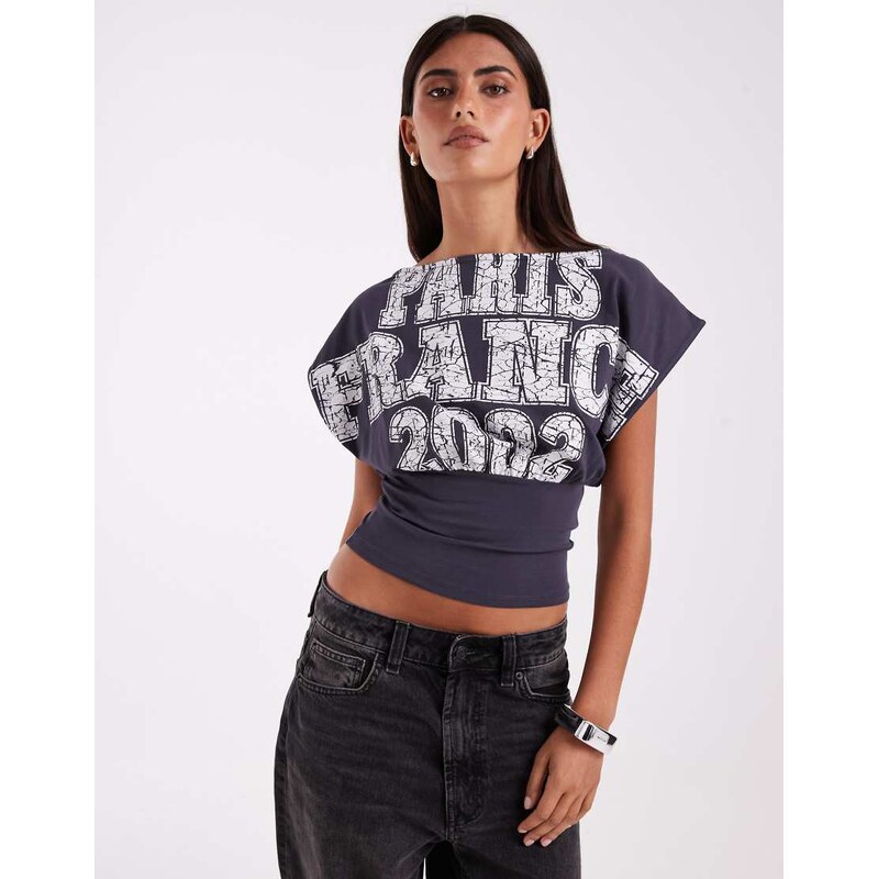 JJXX cinched waist top with Paris print in charcoal grey