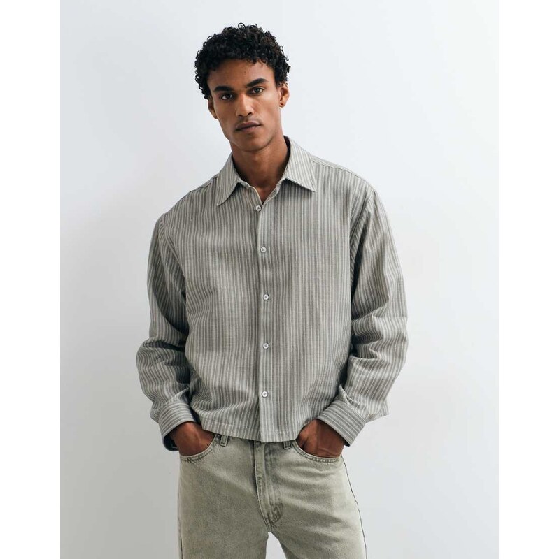ASOS DESIGN boxy oversized linen look stripe shirt in khaki