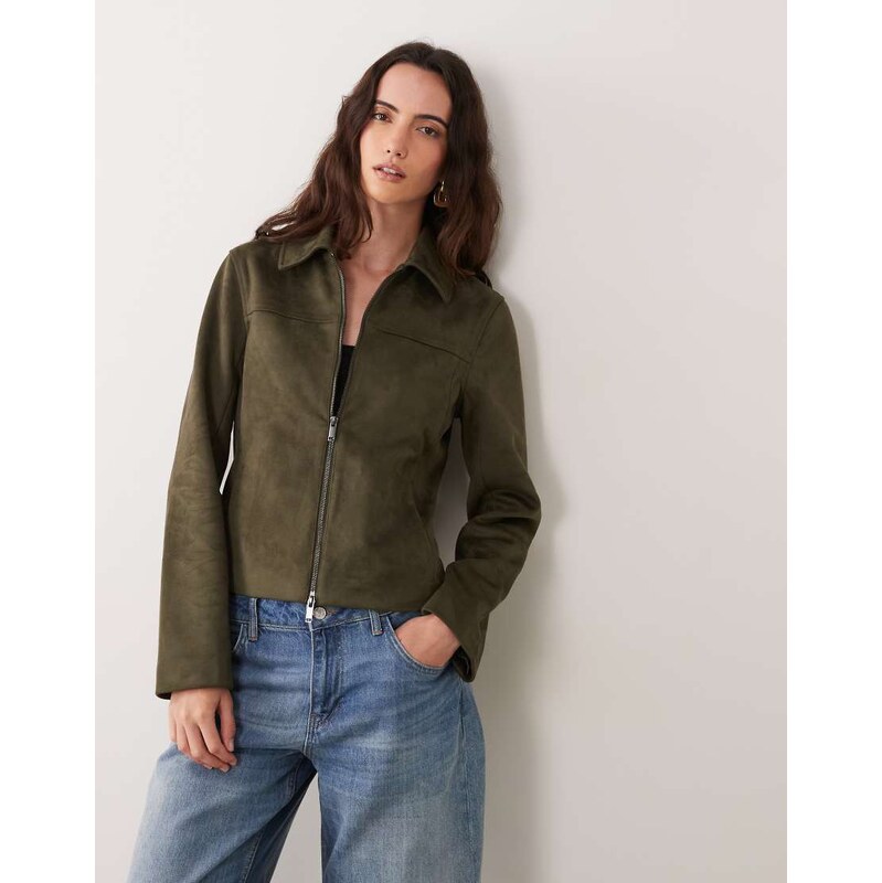 Abercrombie & Fitch fitted 90s faux suede jacket in khaki-Green