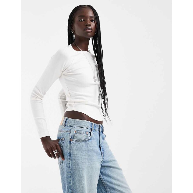 Hollister long sleeve crew neck t-shirt in cream-White