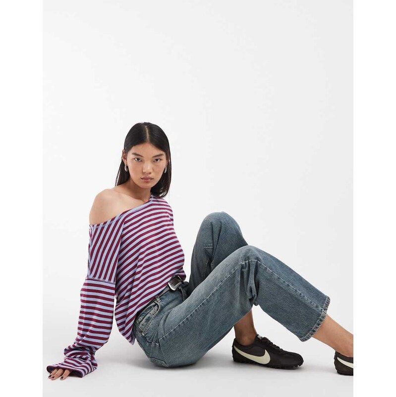 Hollister slouchy off shoulder top in blue and berry stripe