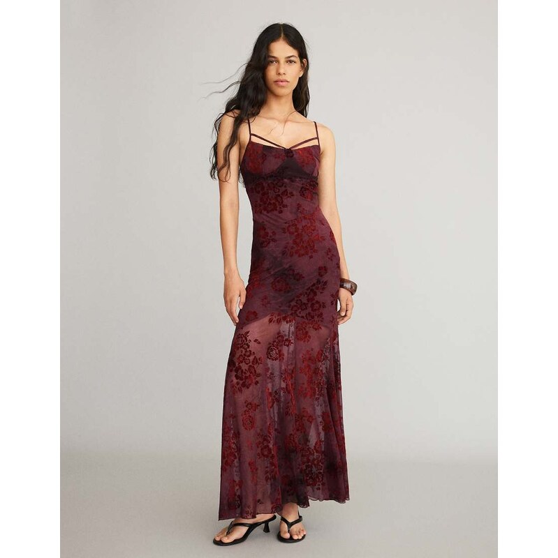 Bershka Flocked tulle midi dress with straps in brown