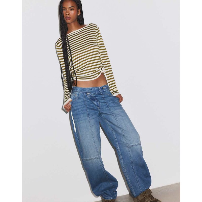 Stradivarius Striped jumper with side ruching in khaki-Green