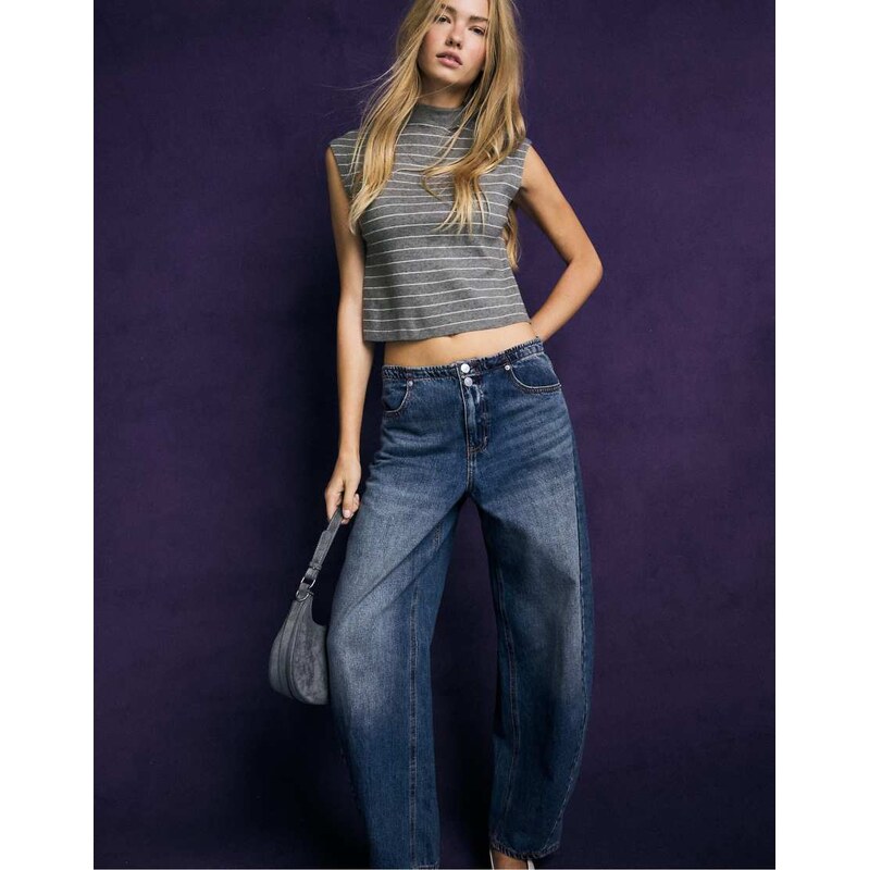 Stradivarius Stand collar knit top in dark grey