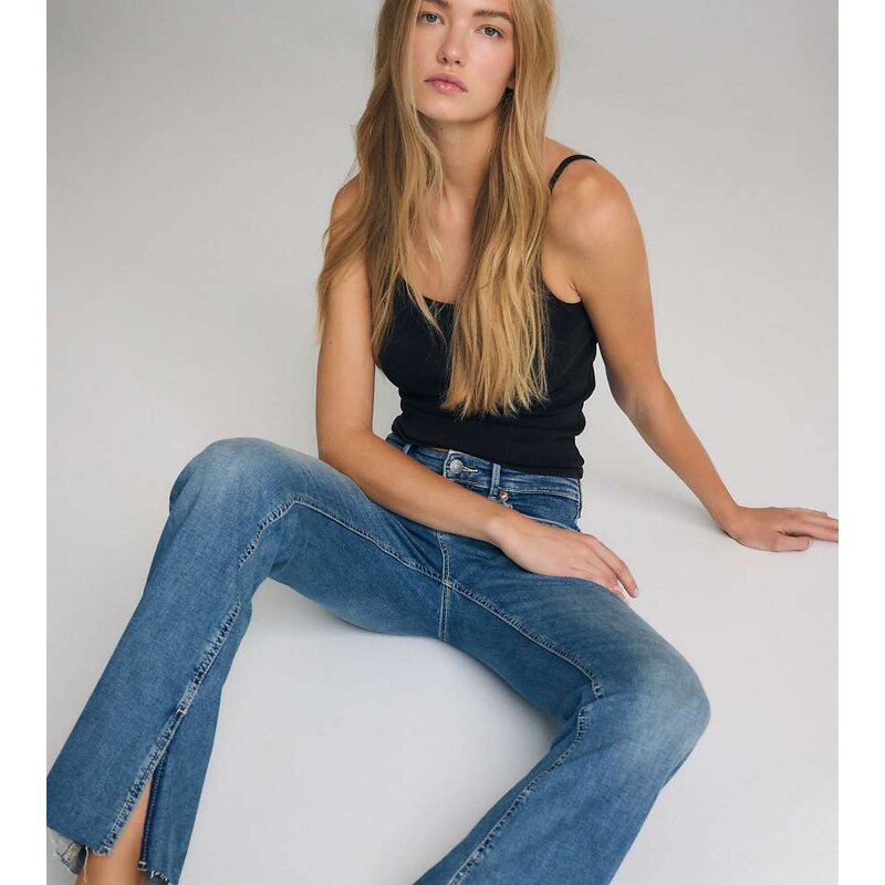 Stradivarius Tall d74 flared jeans with slit in overdyed blue