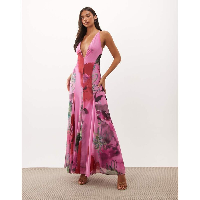 ASOS DESIGN printed mesh plunge maxi dress in purple floral