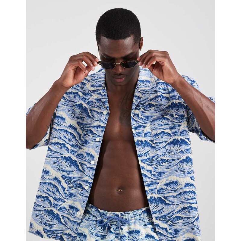 GANT revere collar wave print co-ord shirt in vintage blue