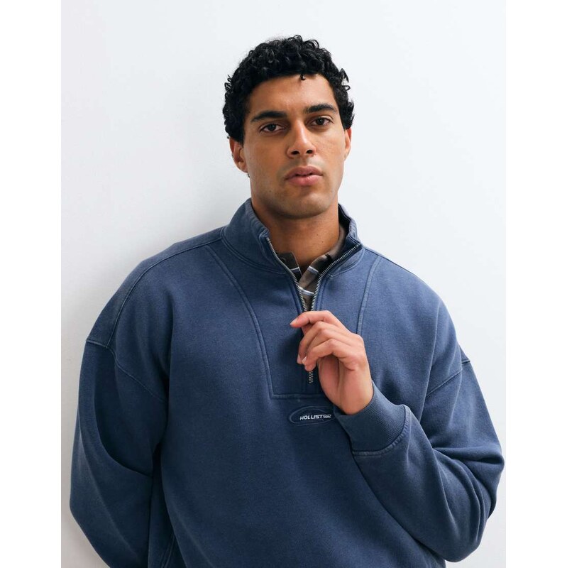 Hollister surf logo 1/4 zip sweatshirt in washed blue