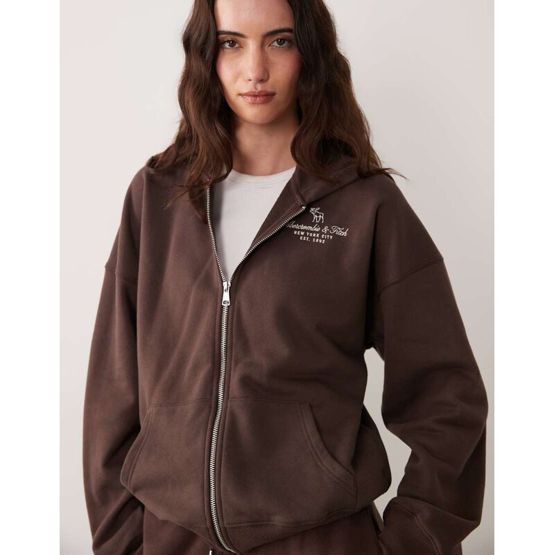 Abercrombie & Fitch zip up logo hoodie co-ord in brown