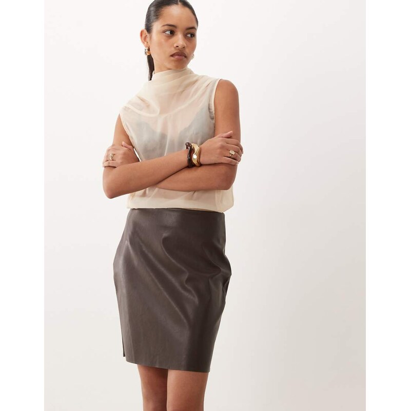 Vila faux leather mini skirt in chocolate brown