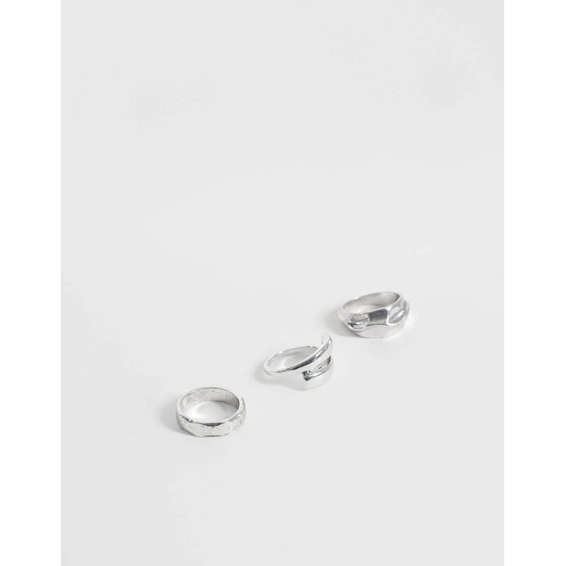 ASOS DESIGN 3 pack molten and wraparound ring in worn silver