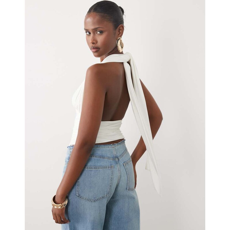 Missyempire slinky plunge batwing ruched top in white